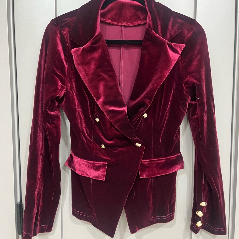 Velvet Double-Breasted Burgundy Blazer